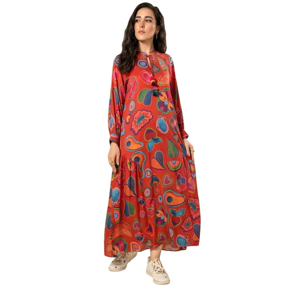 Maxi Dress Women's Red Abstract Print Long Sleeve Tie Neck Tiered XS/S